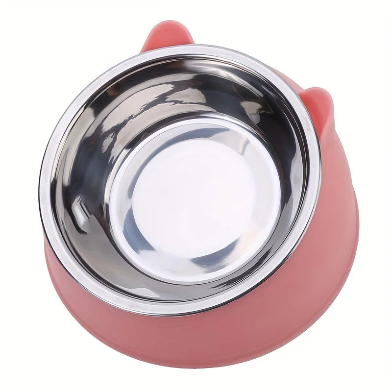 2 In 1 Stainless Steel Cat Bowl With Holder - Cute Ear Design Inclined