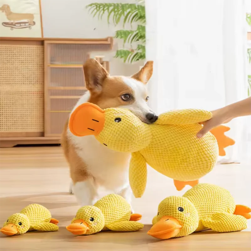Dog sleeping with a dog hug duck toys to relieve boredom of little